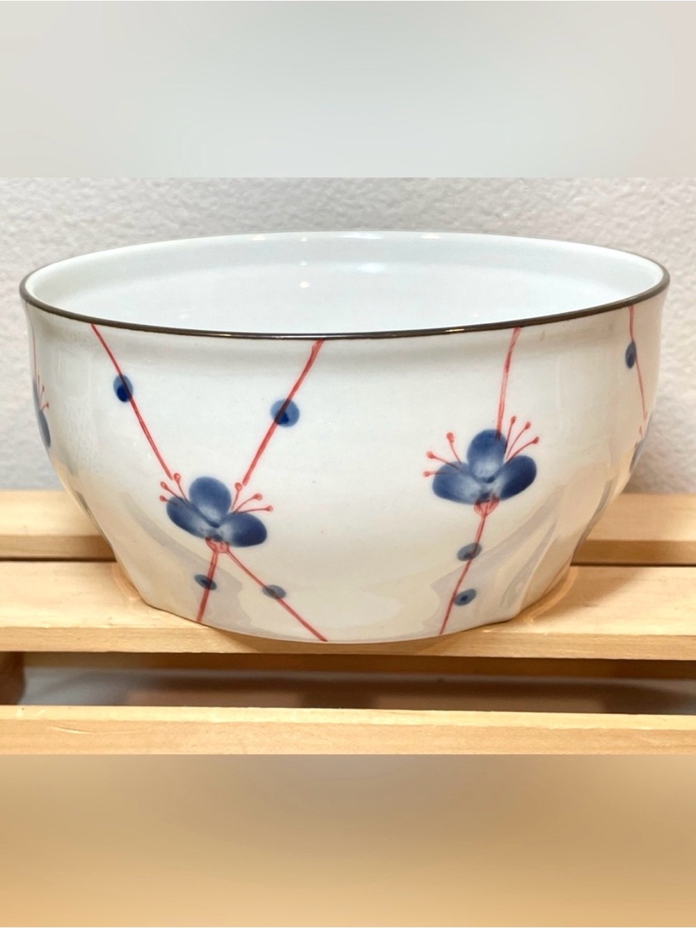 Authentic Kotobuki Hand-Painted Ceramic Bowl Blue Flowers Red Accents Gold Trim